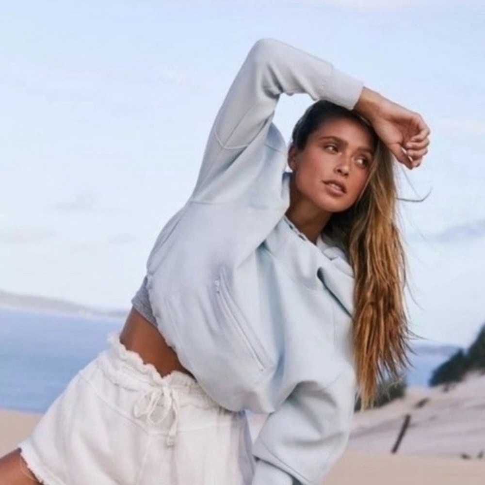 Free People FP Movement Reach The Summit Sky Blue Cropped Hoodie Pullover Size S